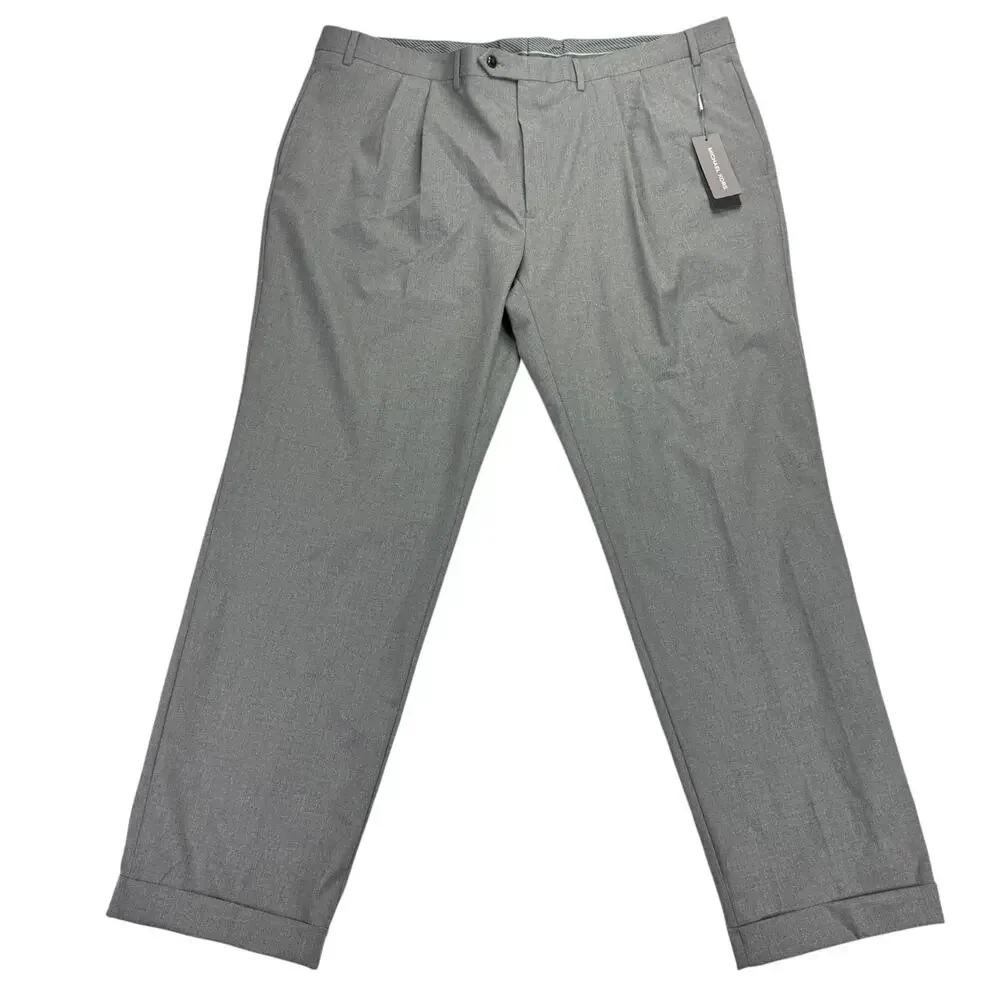 Michael Kors Mens Pleated Cuffed Solid Classic Fit Stretch Pants Gray 44x32